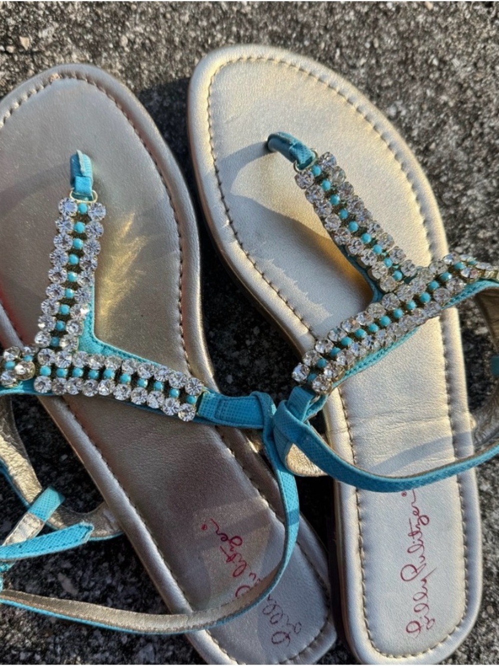 Lilly Pulitzer Turquoise Rhinestone T-Strap Sandals
